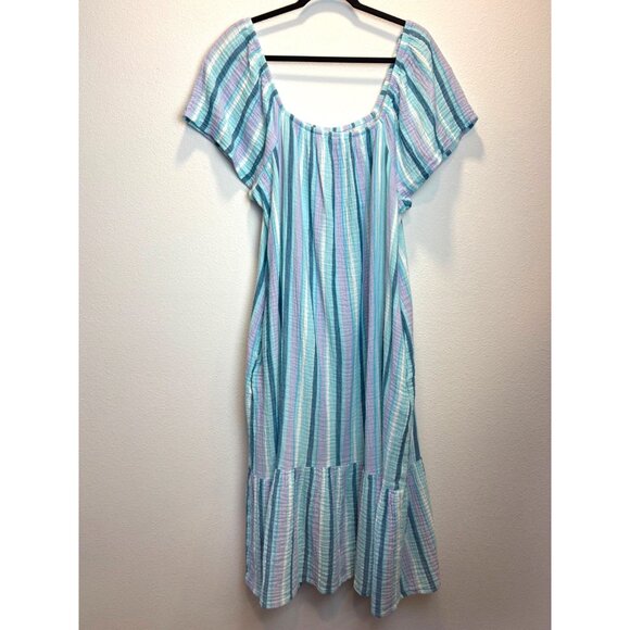 Womens Striped Cotton Ruffle Maxi Dress XXL (20) Time & Tru off Shoulder Blue - Picture 1 of 7